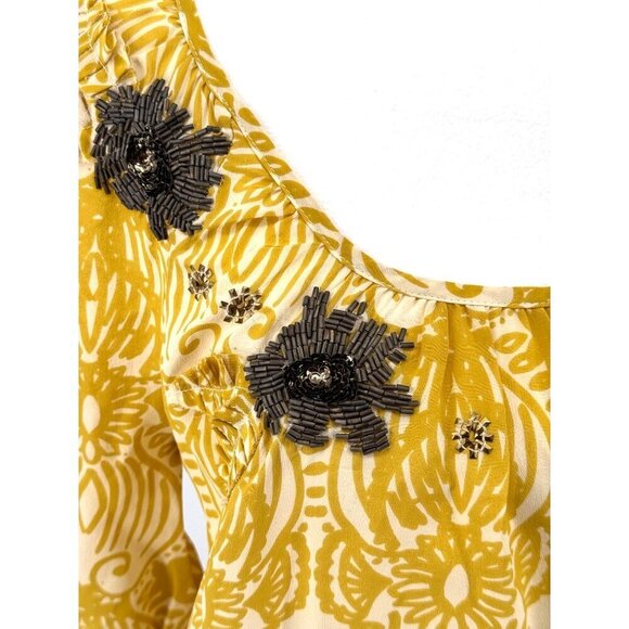 Anthropologie Edme & Esyllte EUC Green & Cream Silk Blouse W/ Floral Embellishme - Picture 2 of 8